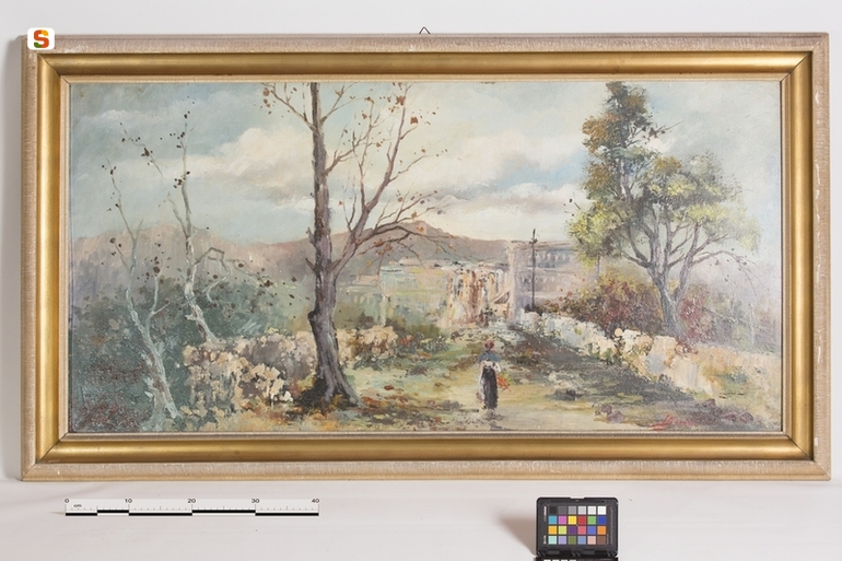 Periferia, veduta di periferia con alberi (dipinto) di Scanni (sec. XX)