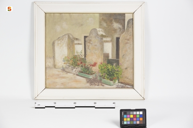 La terrazza, terrazza con vasi di fiori (dipinto) di Asquer G. (sec. XX)