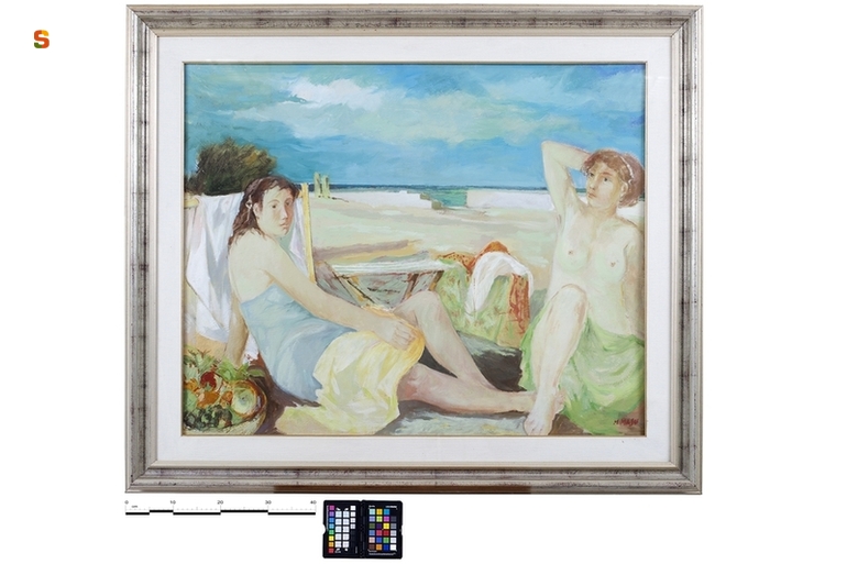 fanciulle al bagno, paesaggio (dipinto) di Marras M. (sec. XX)