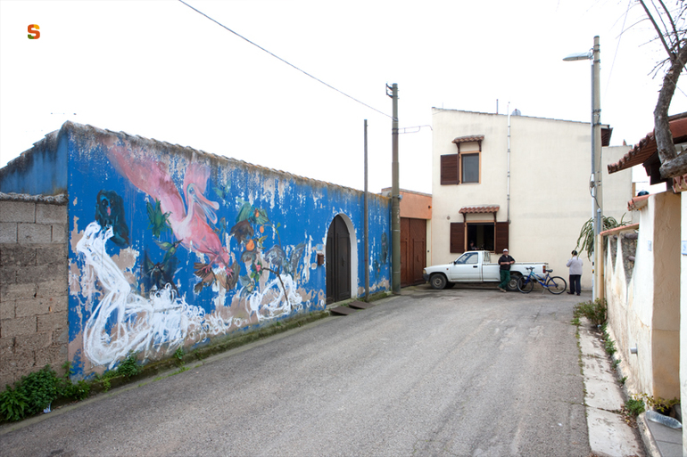 uccelli, figure umane e fantastiche (murale) di Mellin Magdalena (sec. XXI)