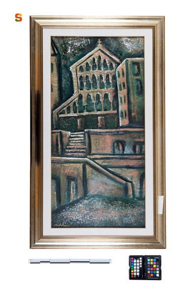 Basilica di Bonaria, veduta di città (dipinto) di Siddi Efisio (sec. XX)