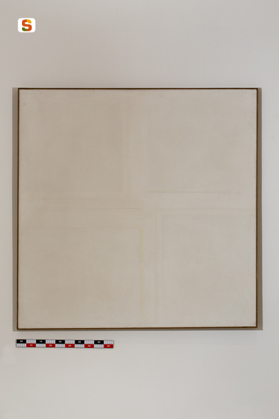 Un quadrato e tre rettangoli + una linea doppia, composizione astratta (dipinto) di Guarneri Riccardo (sec. XX)