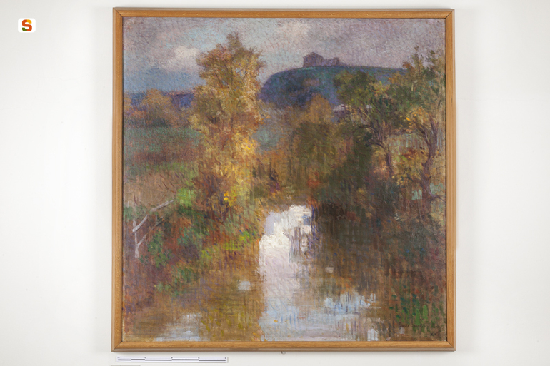 Paesaggio, paesaggio con alberi e casolare (dipinto) di Ferretti Paolo (sec. XX)