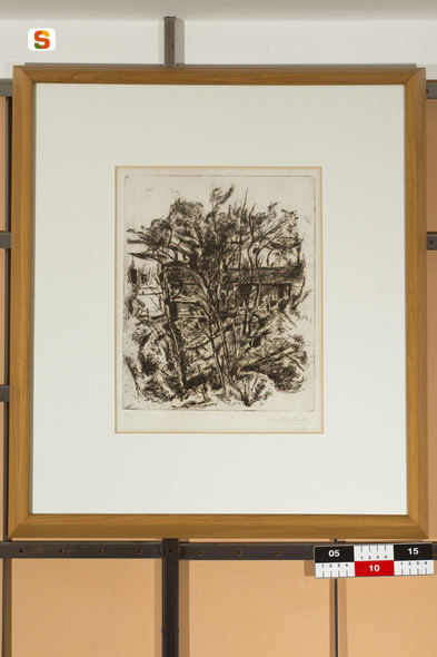 Casa con alberi, paesaggio con alberi e casa (stampa) di Bertocchi Giuseppe detto Nino (sec. XX)