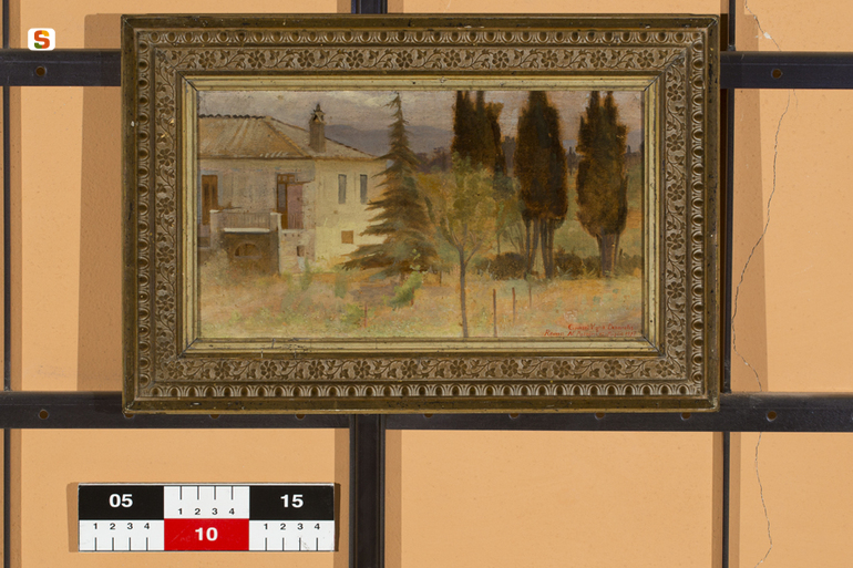 Cipressi vigna Desanctis, paesaggio con alberi e casa (dipinto) di Pazzini Norberto (sec. XIX)