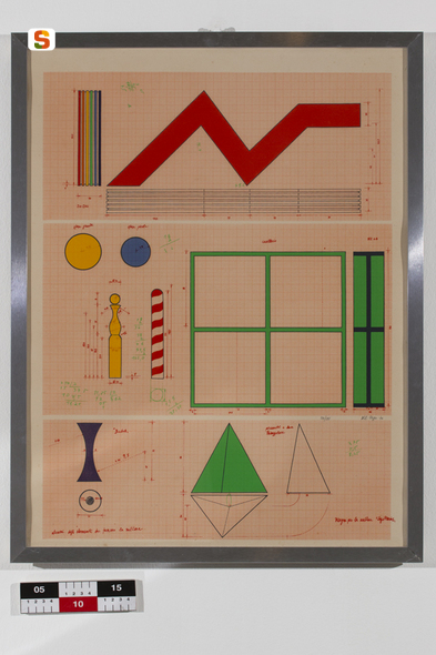 Disegni per la scultura Sagittarius, composizione astratta (stampa a colori) di Del Pezzo Lucio (sec. XX)