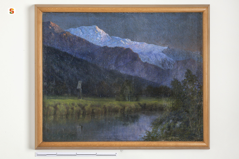 Tramonto alpino, paesaggio alpino con fiume (dipinto) (sec. XIX)